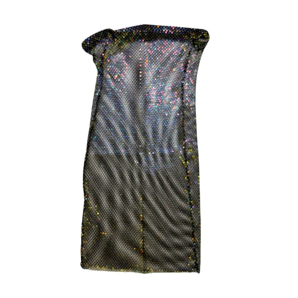 Y2K Black Rhinestone Mesh Strapless Dress Bodycon Sheer Sparkle Club Party Small